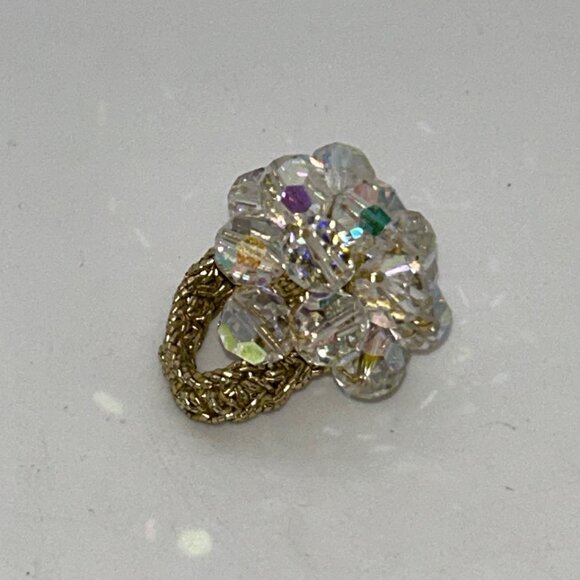 Vintage Aurora Borealis Crystal Ring Stretch Crochet Band Size 6.5 Rare - Picture 3 of 7